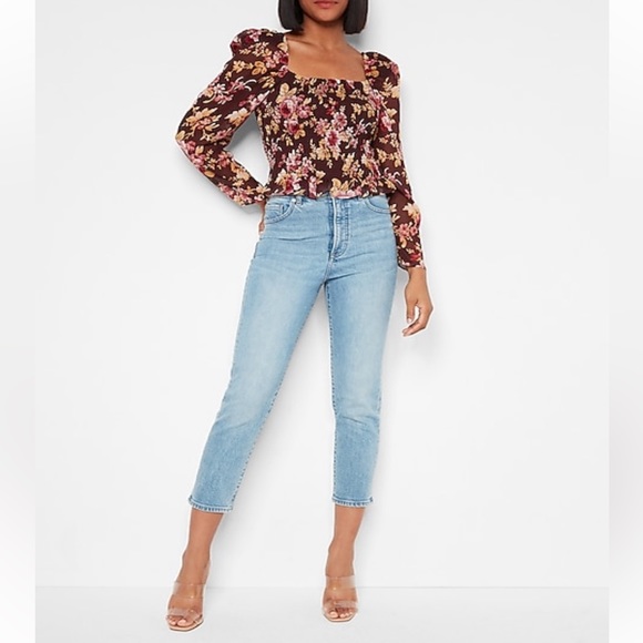 NWT Express L Floral Smocked Square Neck Long-sleeve Top - Picture 4 of 5